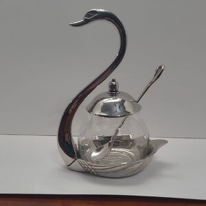 Silverplated Swan Condiment Jar with Lid and Matching Spoon